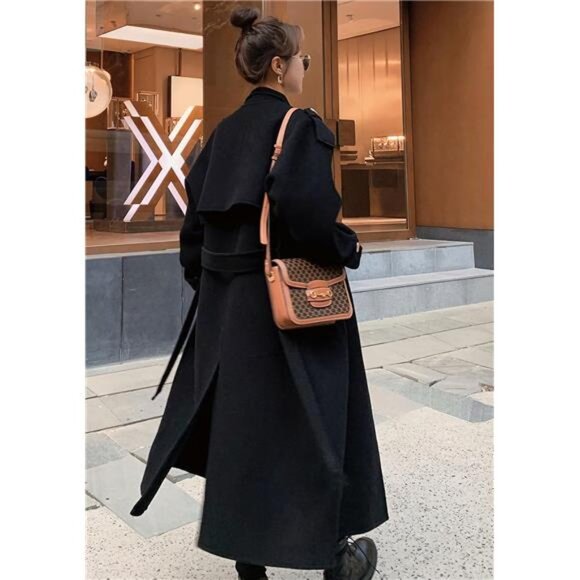 Women's Winter Double Breasted Midi Long Wool Pea Coat Notch Lapel Winter Coat - Picture 2 of 7